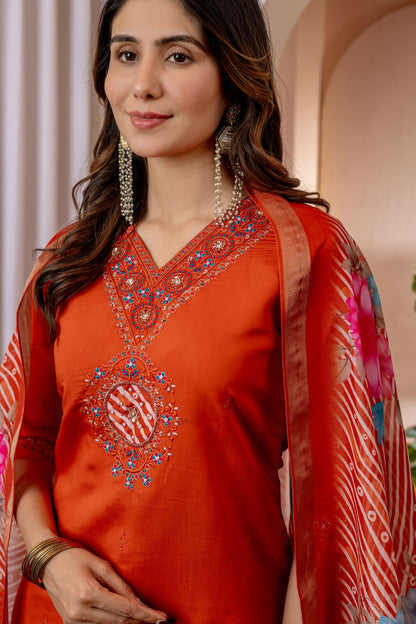 Teeya Creation Womens Orange Embroidered Kurta Pant Set - Dista