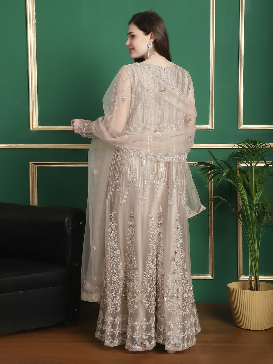 Aastha Fashion Women's Beige Green Net Floral Cording with Sequin & Crystal work Anarkali Dress Set - Distacart