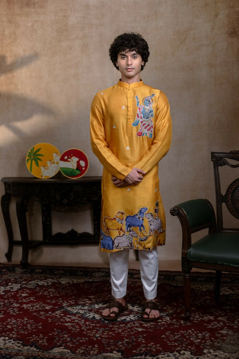 Falling Raw Silk Yellow Mural Krishna By Hilo Design