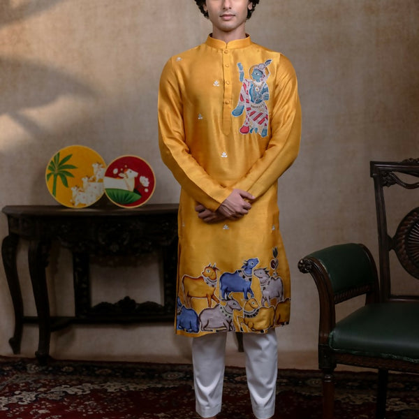 Falling Raw Silk Yellow Mural Krishna By Hilo Design