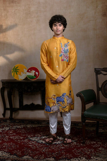 Falling Raw Silk Yellow Mural Krishna By Hilo Design - Distacart