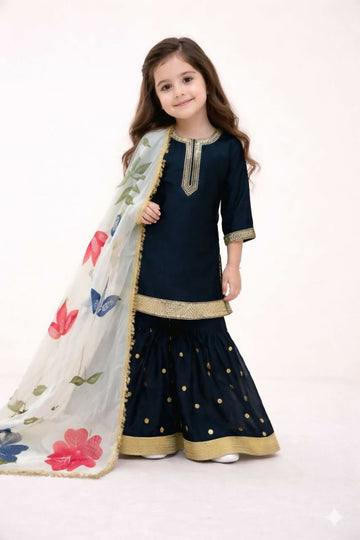 Teeya Creation New Kids Trendy Heavy Embroidery Sequence Work Kurta Sharara Set-Black - Dista