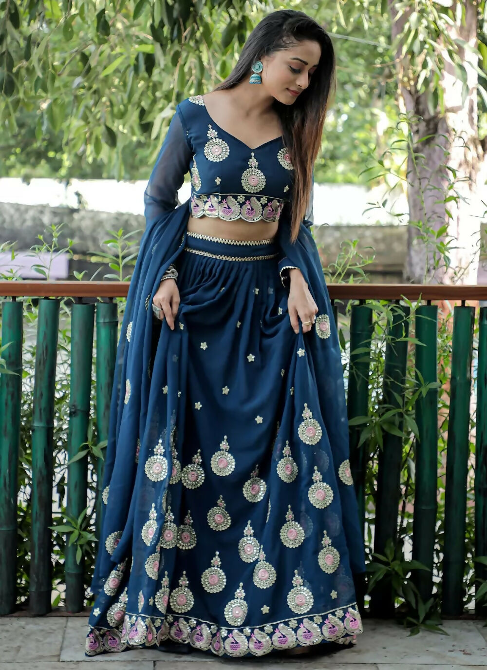 Jyoti Fashion Blue Sequence with Thread Zari Embroidery Georgette Lehenga Choli with Dupatta - Distacart