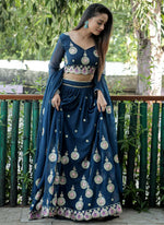 Thumbnail for Jyoti Fashion Blue Sequence with Thread Zari Embroidery Georgette Lehenga Choli with Dupatta - Distacart