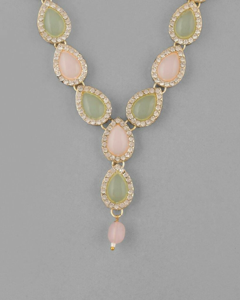 VOJ Gold Plated Nude Pink And Mint Green Stone Studded Jewellery Set With Maang Tikka - Distacart
