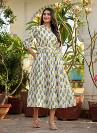 Thumbnail for Kaajh Women's White-Yellow Ethnic Floral Hand Block Print Cotton Dress - Distacart