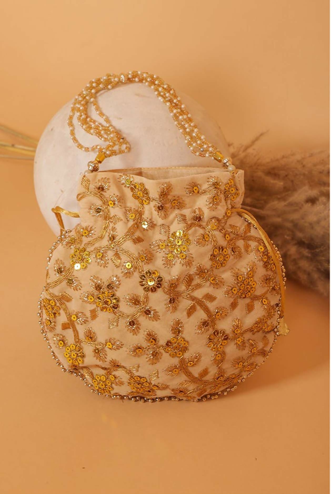 Joban Fashion Pearl Hand Work Potli Bag - Golden