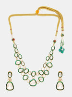 Thumbnail for Ruby Raang Gold Polished Kundan Work Green Meenakari Kundan Layered Necklace With Earrings