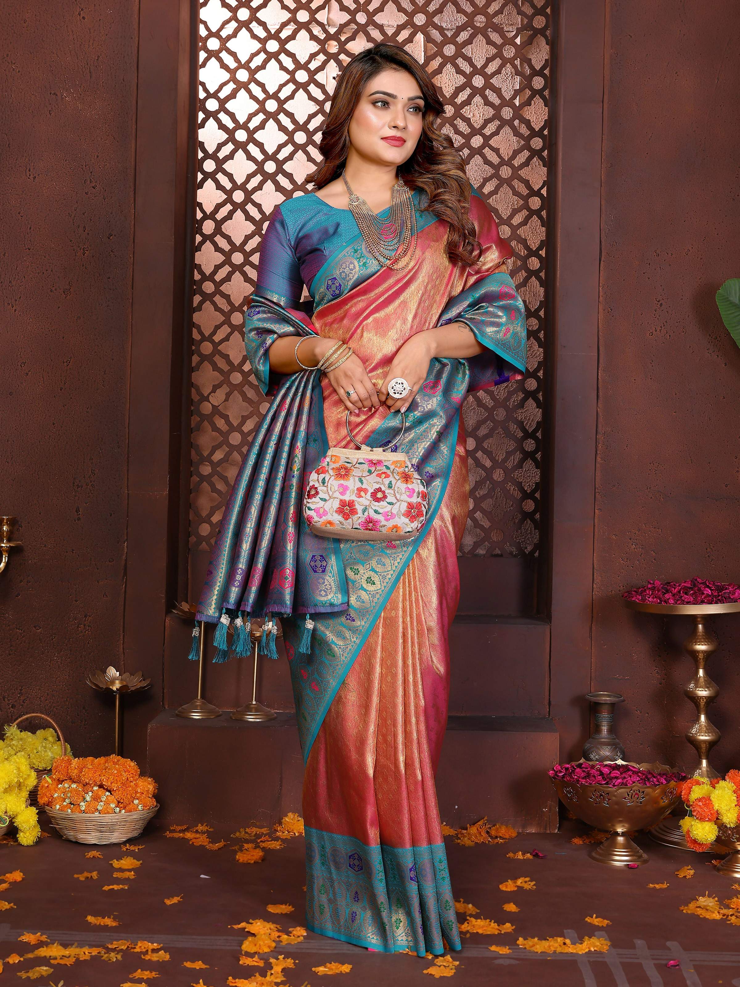 Aastha Fashion Orange Tissue Silk Weaving Saree - Distacart