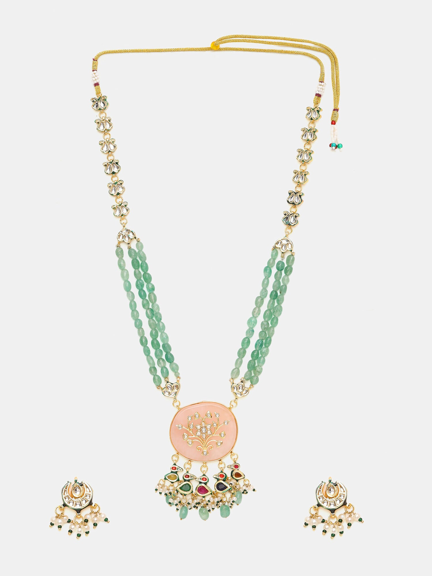 Ruby Raang Gold Polished Green Long Kundan And Stonework Necklace With Earrings