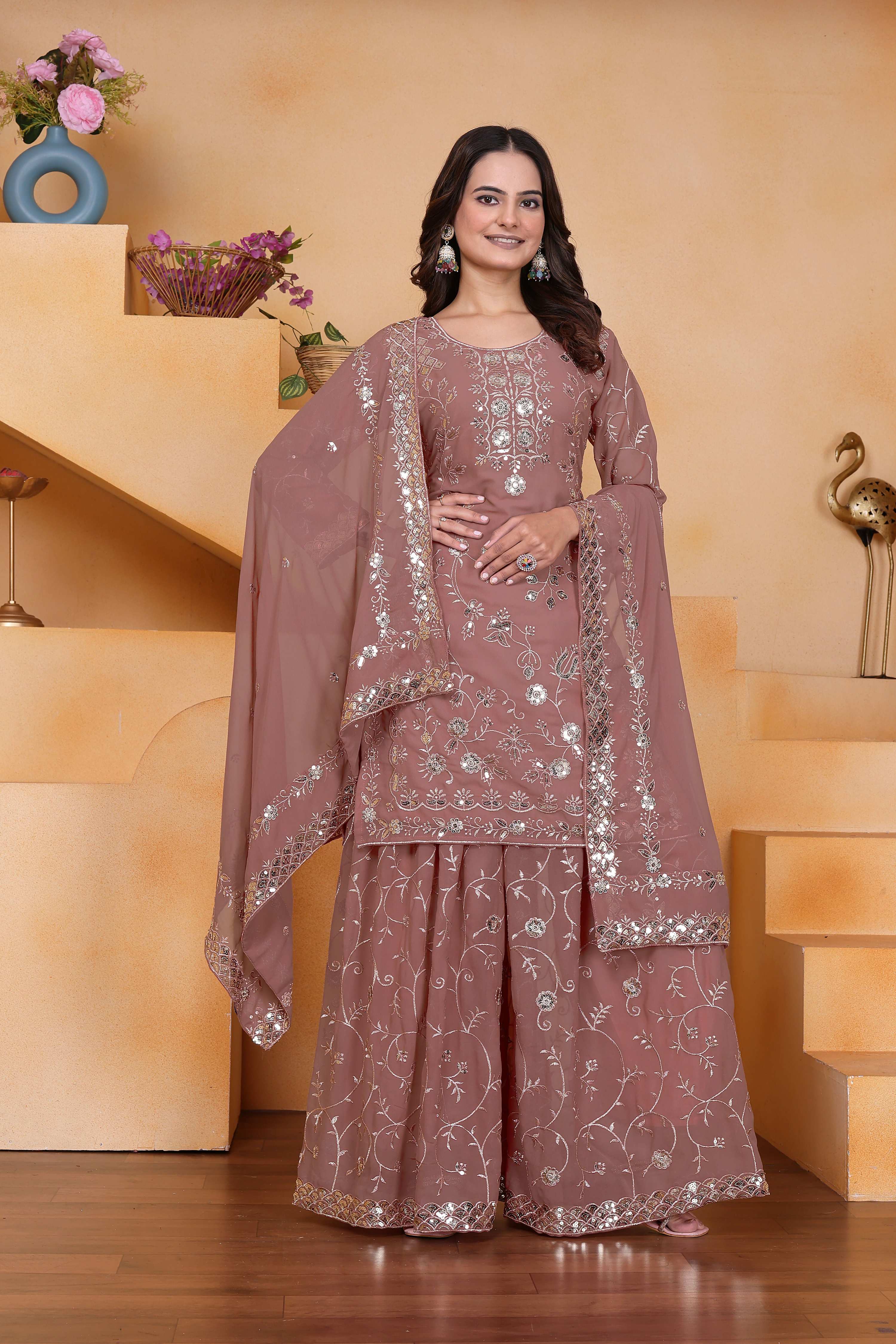 Lehenga Mart Designer Sharara Suit With Kurta, Sharara, Dupatta For Women-Mauve - Distacart