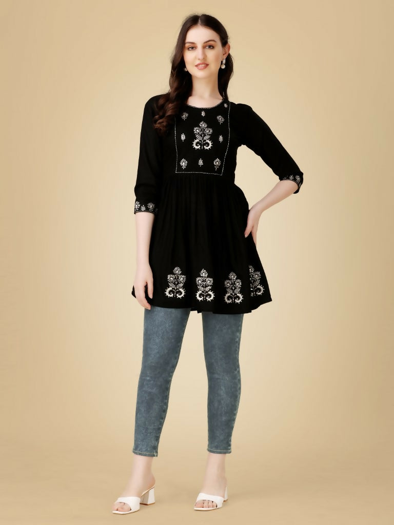 Jyoti Fashion Women's Black Viscose Rayon Embroidered Casual Top - Distacart