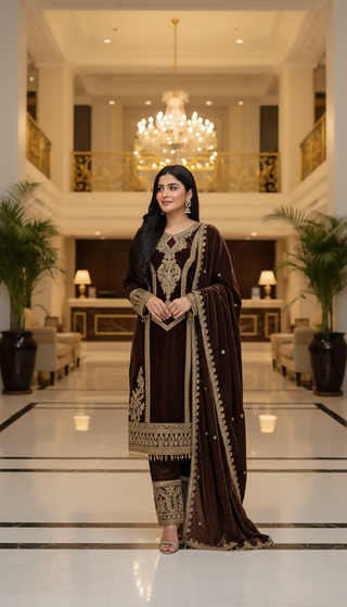 Teeya Creation Coffee Color Velvet Fabric Designer Embroidery Work Suit