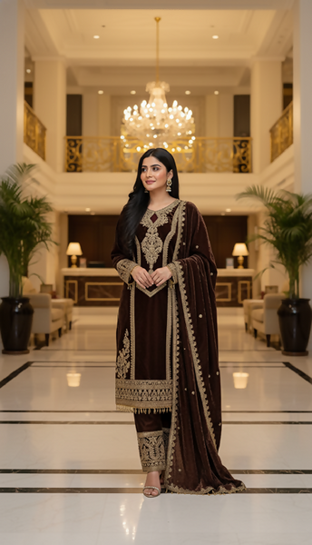 Teeya Creation Coffee Color Velvet Fabric Designer Embroidery Work Suit