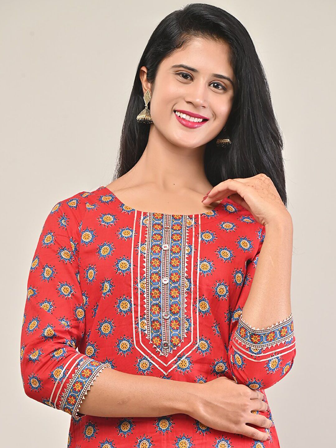 Swasti Women Red Ethnic Motifs Printed Straight Fit Pure Cotton Kurta - Distacart