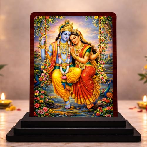 Radha Krishna Wooden Idol for Pooja Room 4x5 Inch HD Printed Elegant Bhakti Decor