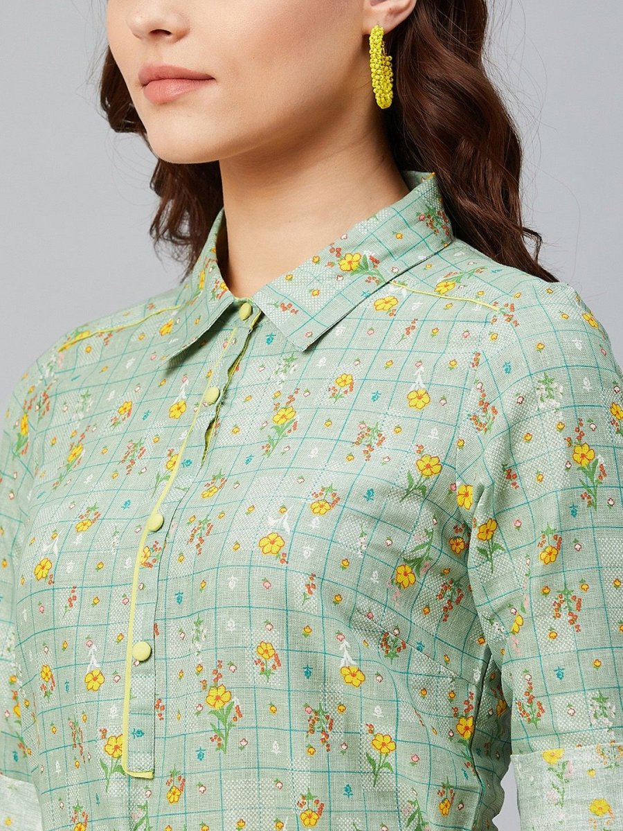 AURELIA Women Green & Yellow Floral Print Shirt Dress - Distacart