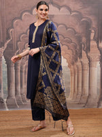 Thumbnail for Vishudh Navy Blue Mirror Work Zari Straight Kurta with Palazzo & Dupatta