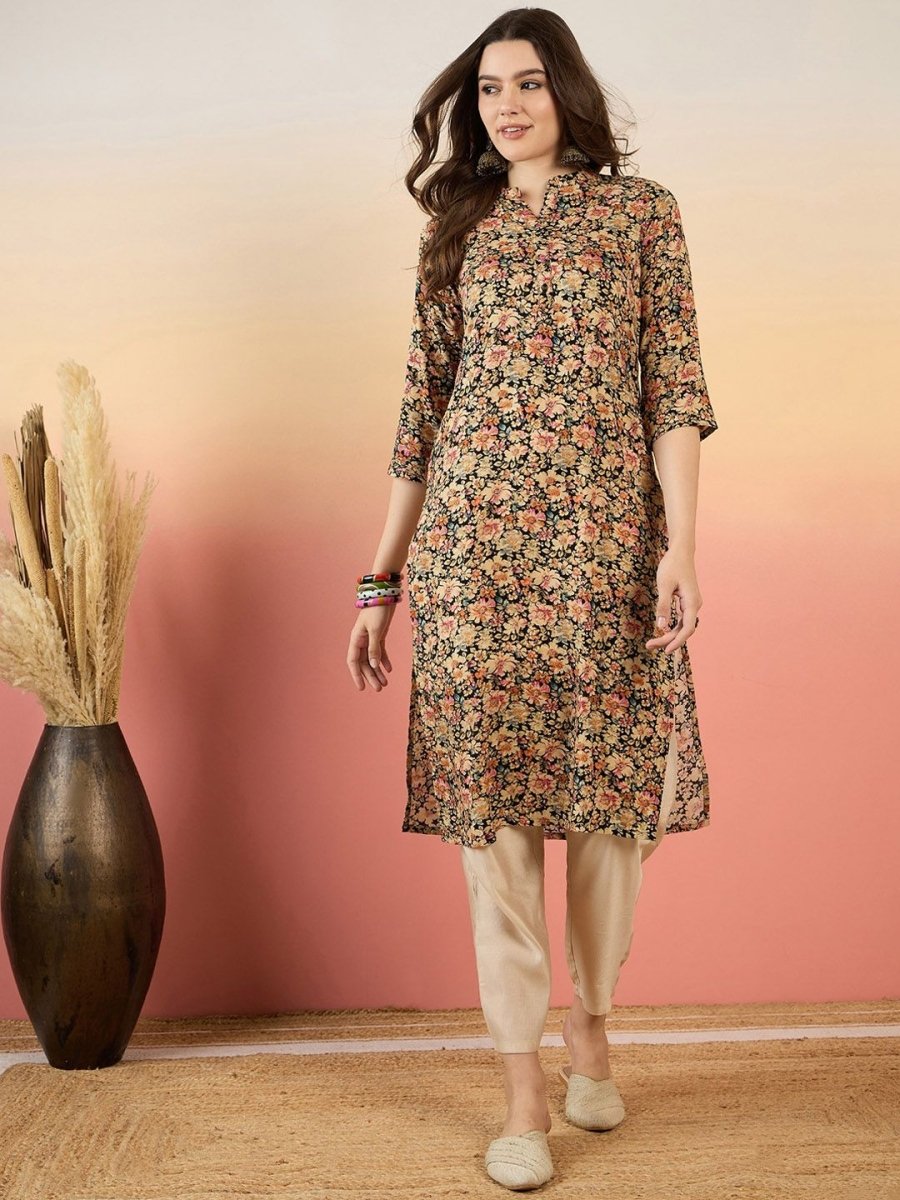 Anouk Floral Printed Mandarin Collar Straight Kurta