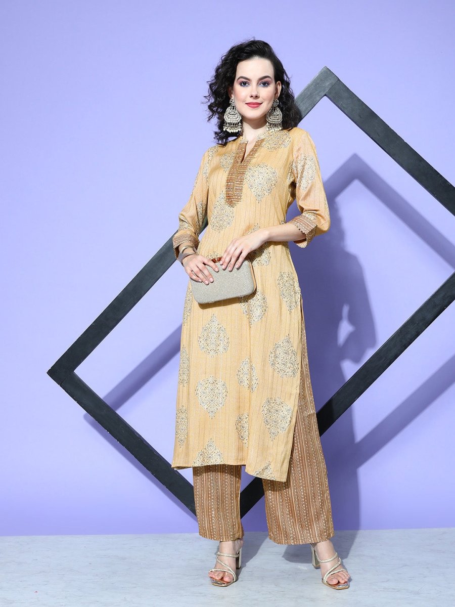 All About You Beige Floral Printed Regular Gotta Patti Liva Kurta With Palazzos - Distacart