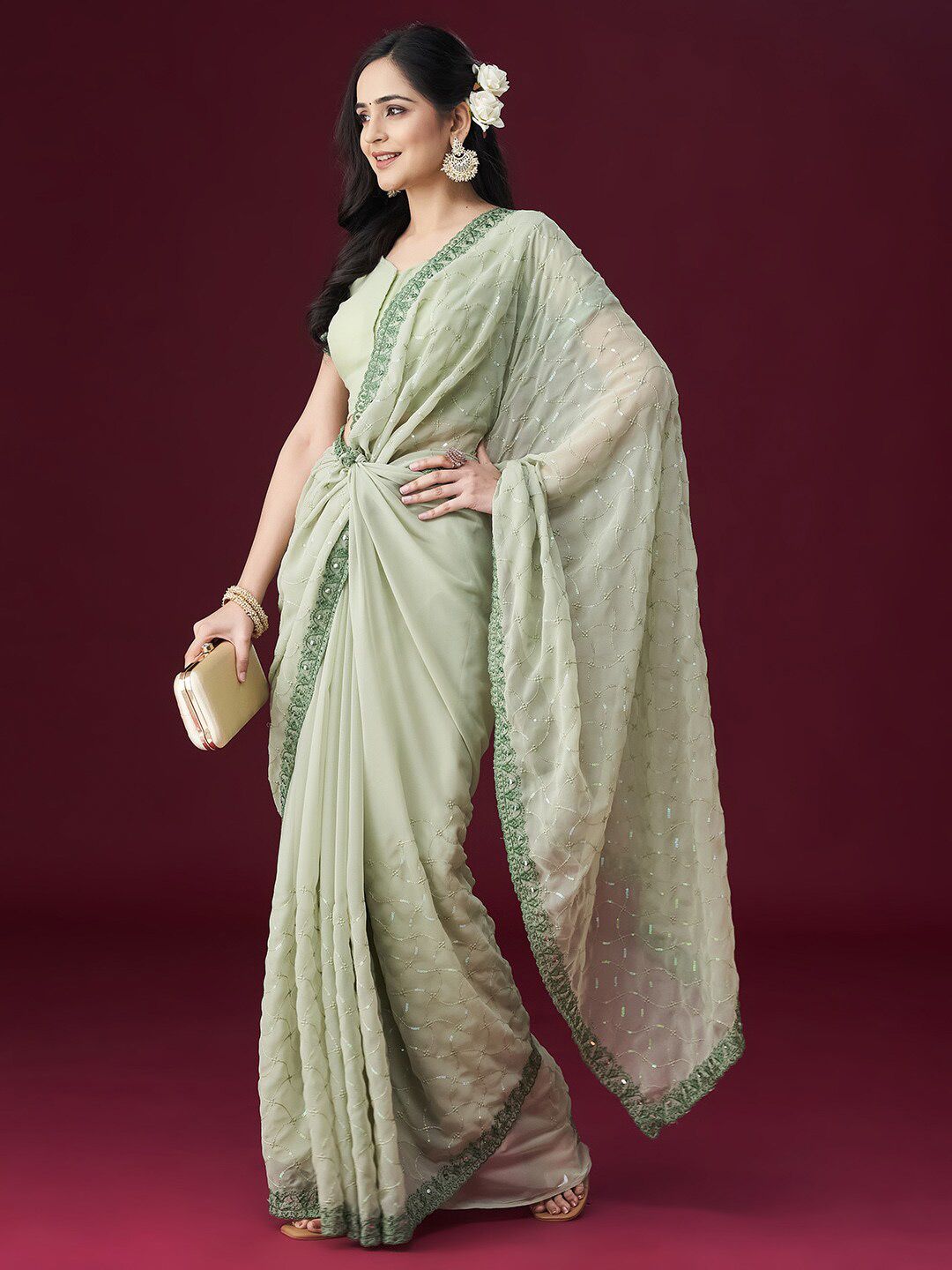 kasee Floral Embroidered Embellished Mirror Work Saree - Distacart