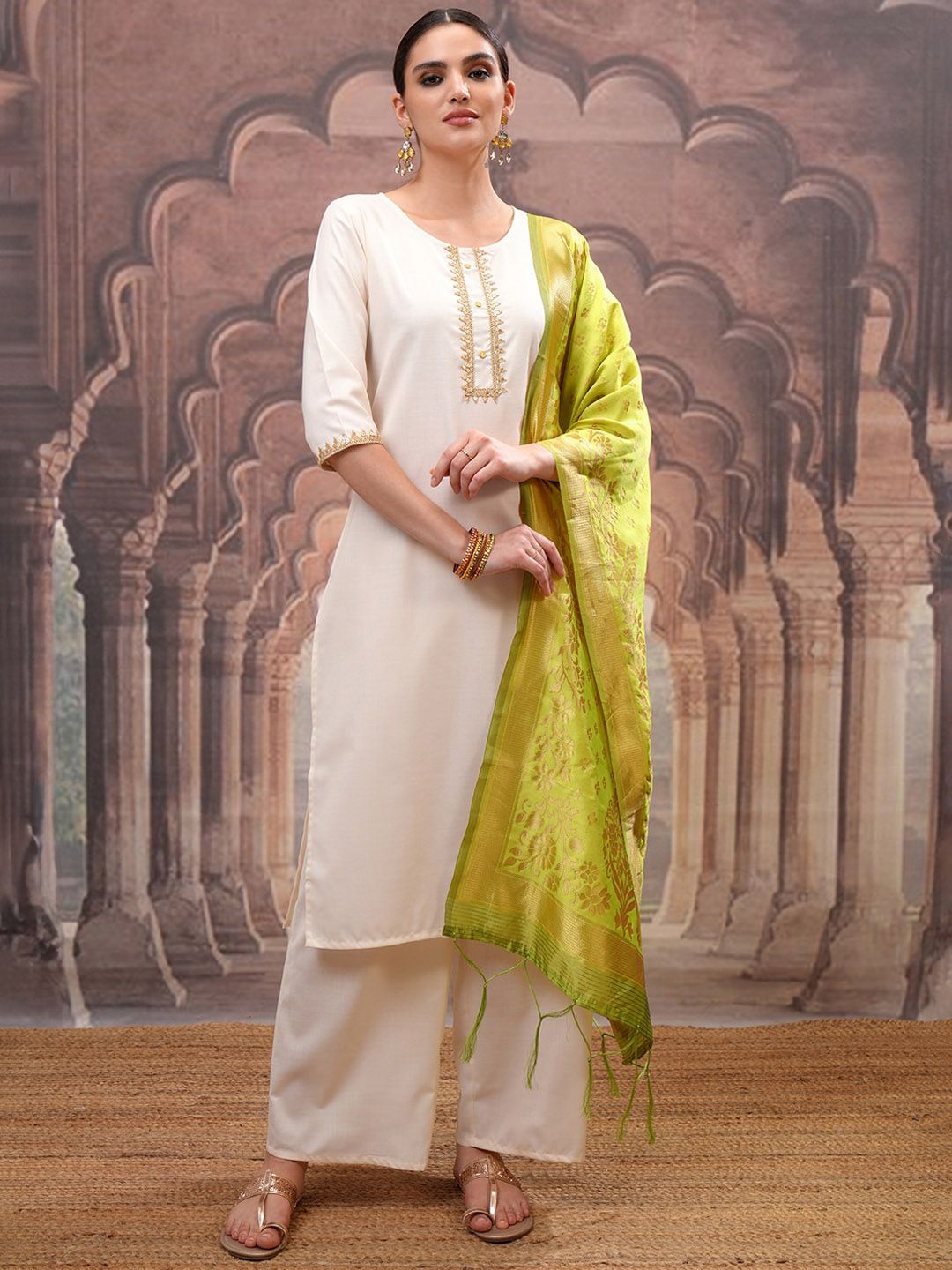 Vishudh Cream Embroidered Straight Kurta with Palazzo & Dupatta - Distacart