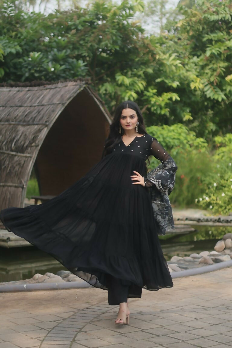 Jyoti Fashion Women's Black Faux Blooming Butti Work Kurta with Trouser & Dupatta - Distacart