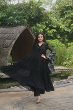 Thumbnail for Jyoti Fashion Women's Black Faux Blooming Butti Work Kurta with Trouser & Dupatta - Distacart