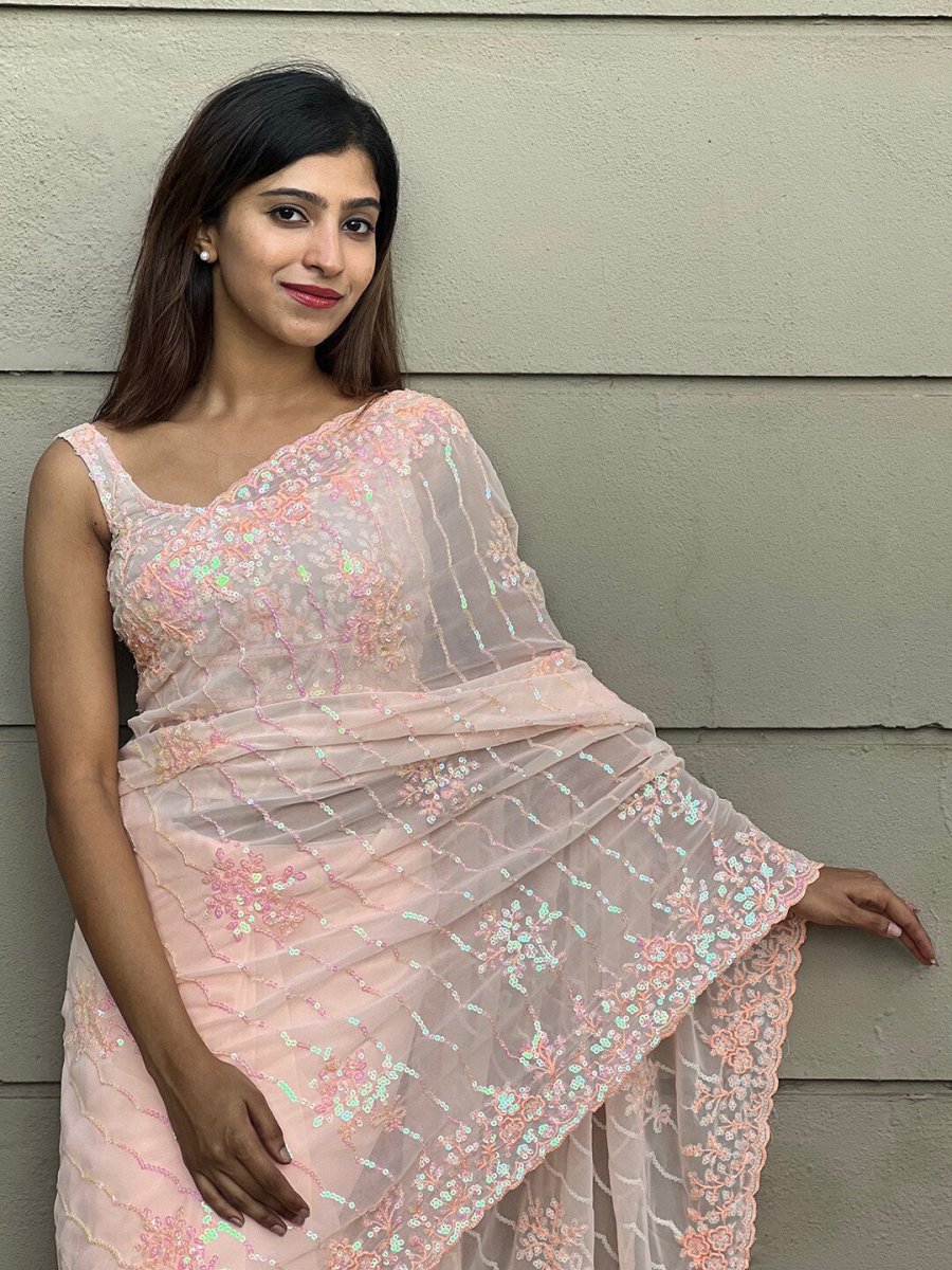 Anouk Peach-Coloured Floral Embellished Sequinned Pure Georgette Saree - Distacart