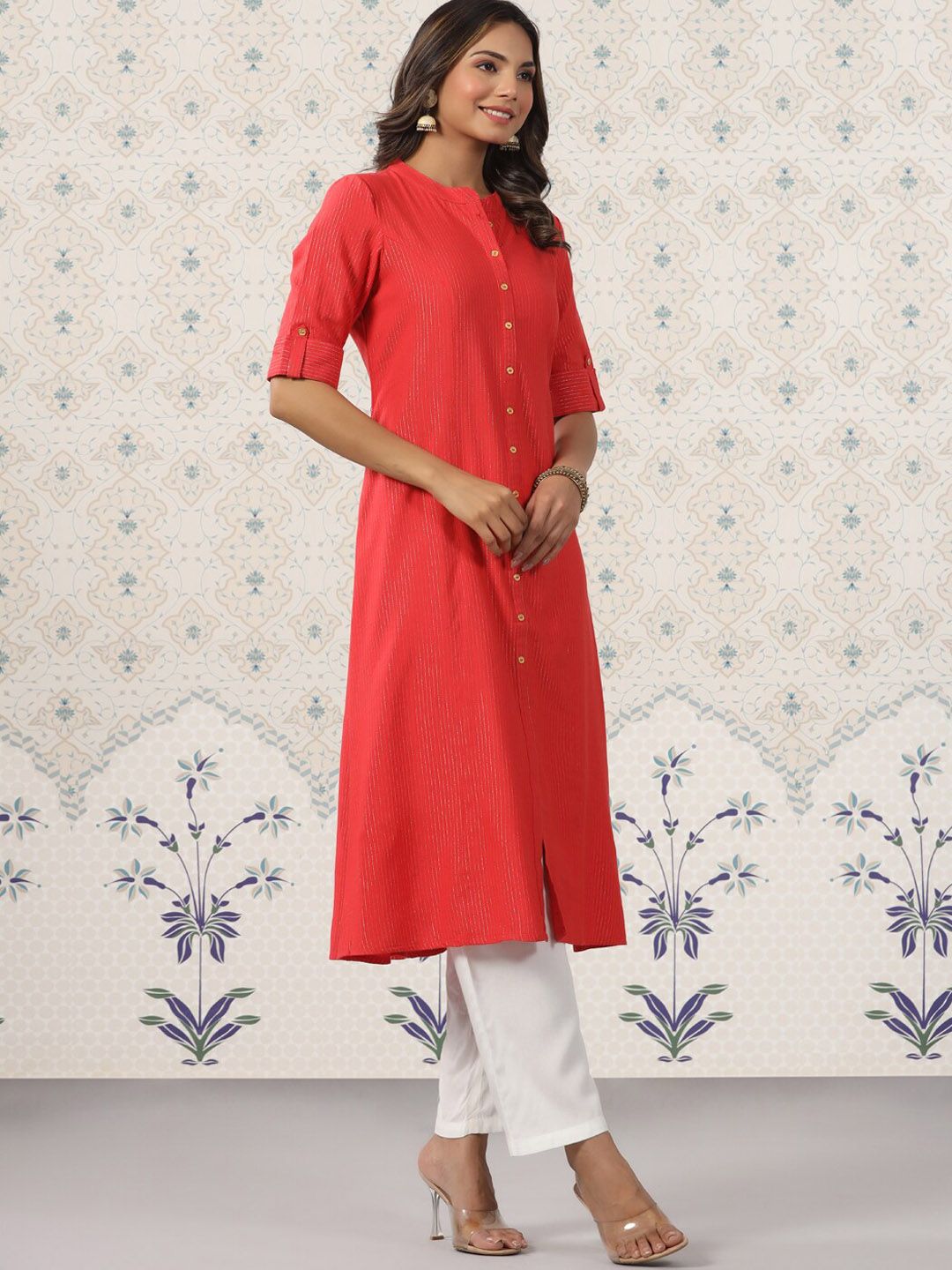 Ode by House of Pataudi Striped Mandarin Collar Roll Up Sleeves Kurta with Palazzos - Distacart