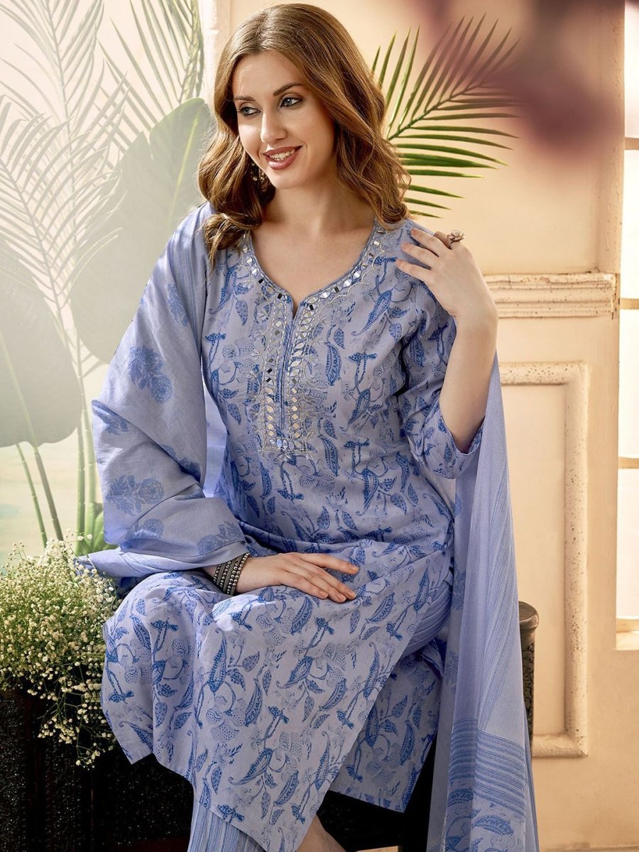 Anouk Blue Floral Embroidered Mirror Work V-Neck Pure Cotton Kurta With Trousers & Dupatta