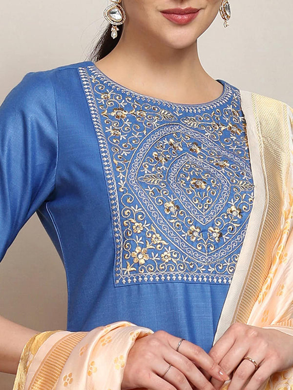 Vishudh Embroidered Straight Kurta With Palazzo & Dupatta