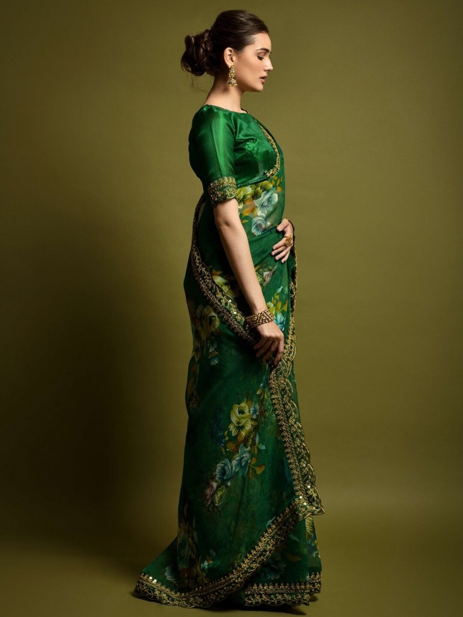 Anouk Green & Blue Floral Printed Embroidered Pure Georgette Saree - Distacart