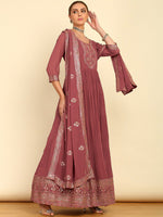 Thumbnail for Soch Pink Embroidered Pleated A-Line Sequinned Georgette Kurta with Churidar & Dupatta - Distacart