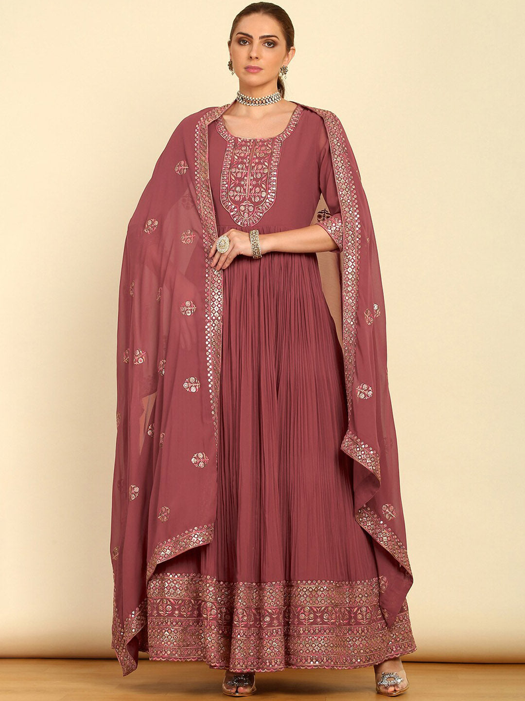 Soch Pink Embroidered Pleated A-Line Sequinned Georgette Kurta with Churidar & Dupatta - Distacart