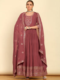 Thumbnail for Soch Pink Embroidered Pleated A-Line Sequinned Georgette Kurta with Churidar & Dupatta - Distacart