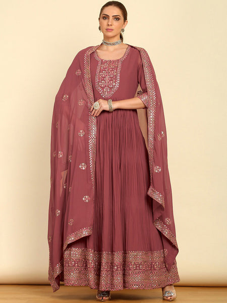 Soch Pink Embroidered Pleated A-Line Sequinned Georgette Kurta with Churidar & Dupatta - Distacart