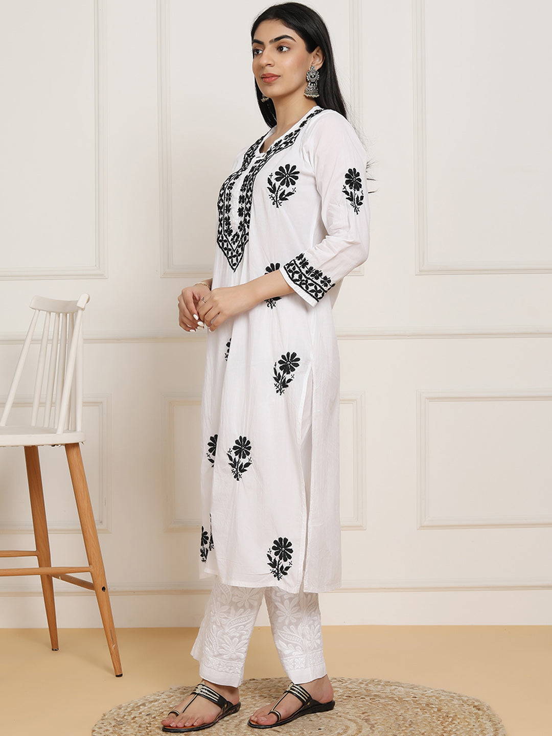 HOUSE OF KARI Women Ethnic Motifs Embroidered Regular Chikankari Pure Cotton Kurta with Trousers - Distacart