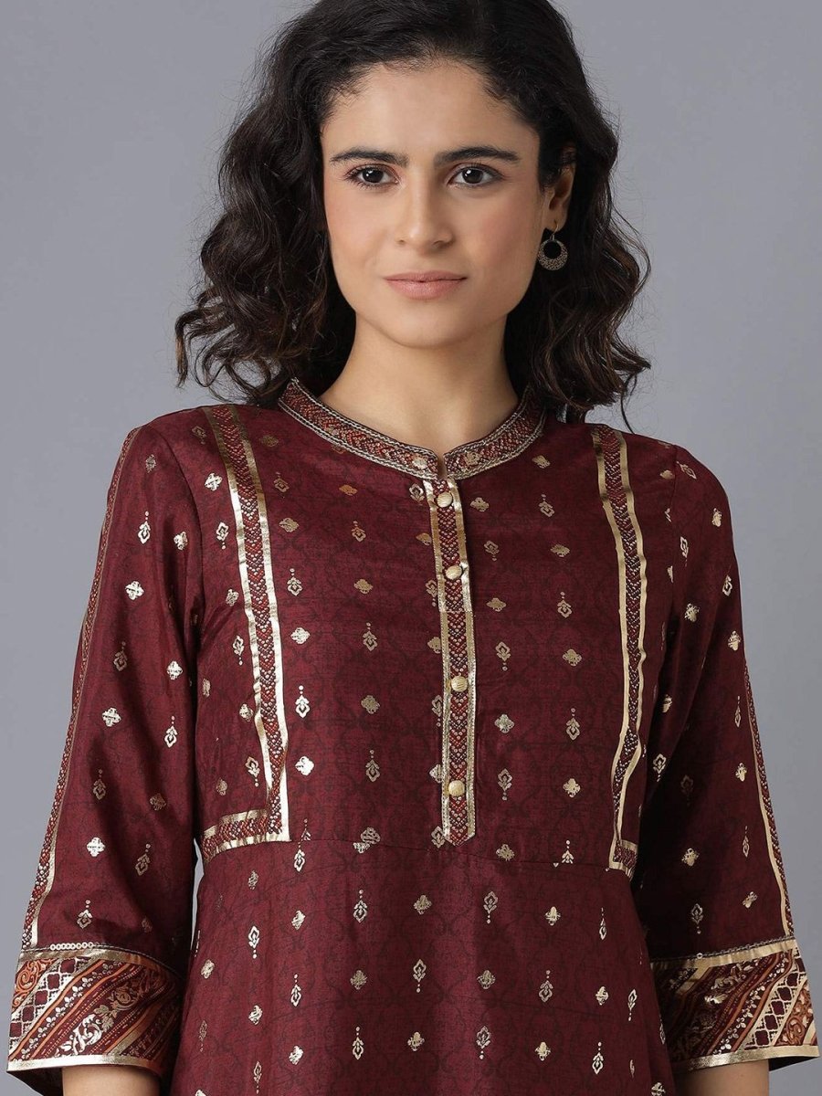 AURELIA Maroon And Gold Ethnic Motifs A-Line Midi Dress - Distacart