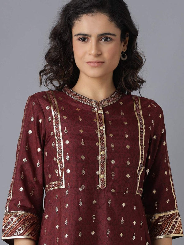 AURELIA Maroon And Gold Ethnic Motifs A-Line Midi Dress
