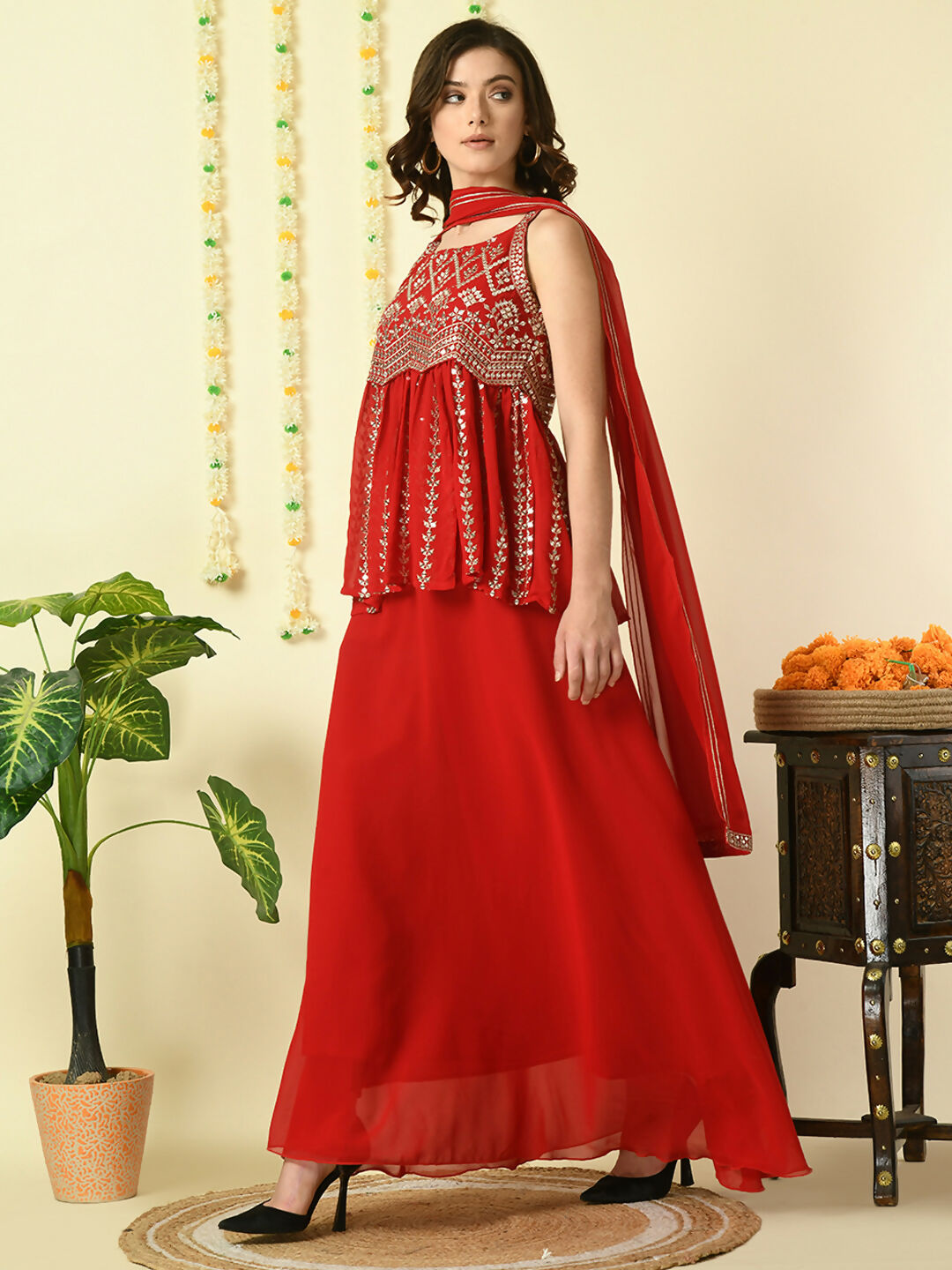 Myshka Women's Red Georgette Top & Skirt With Dupatta Party Sets - Distacart