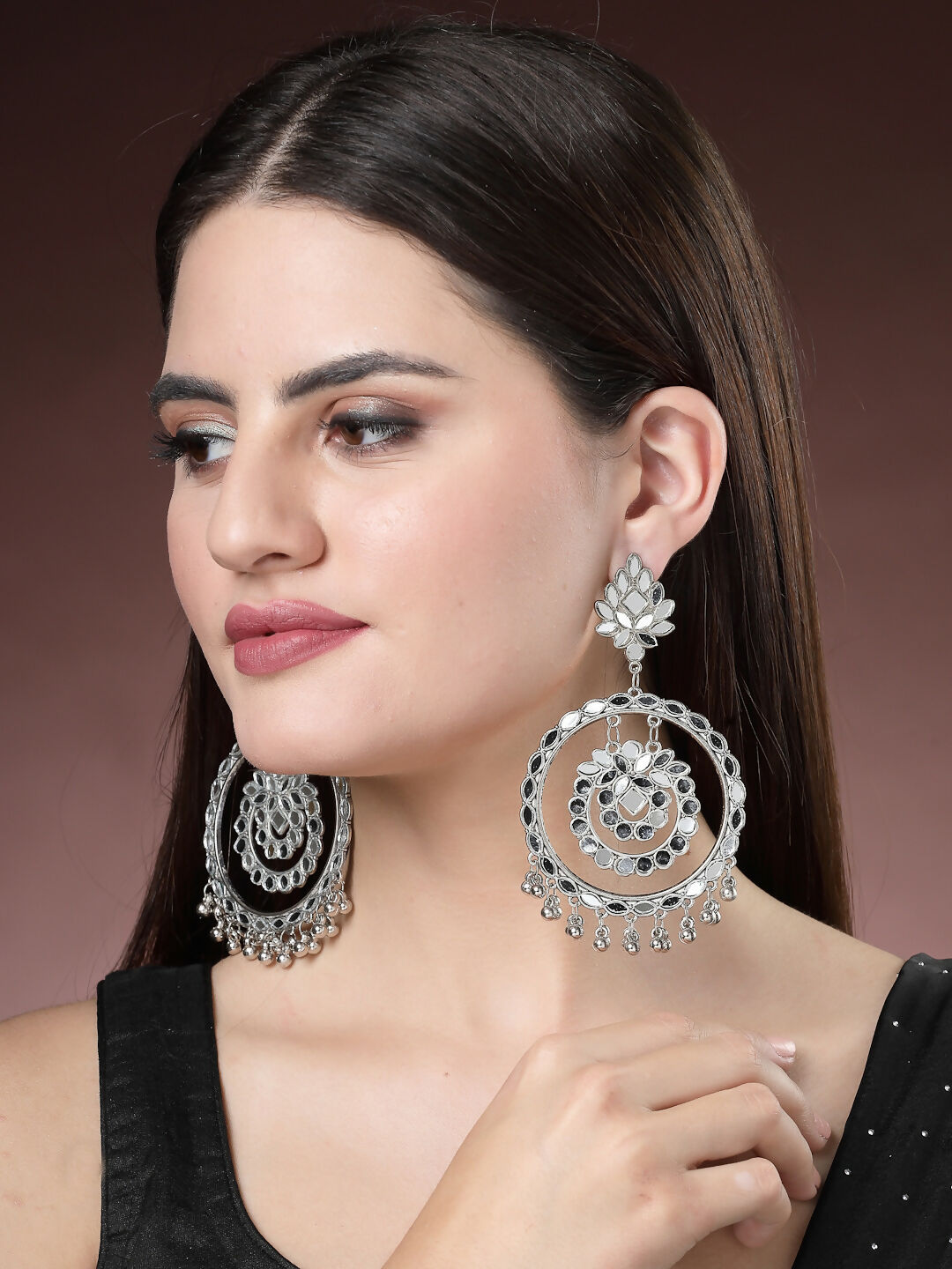 NVR Women's Silver-Toned Mirror Work Oxidised Contemporary Drop Earrings - Distacart