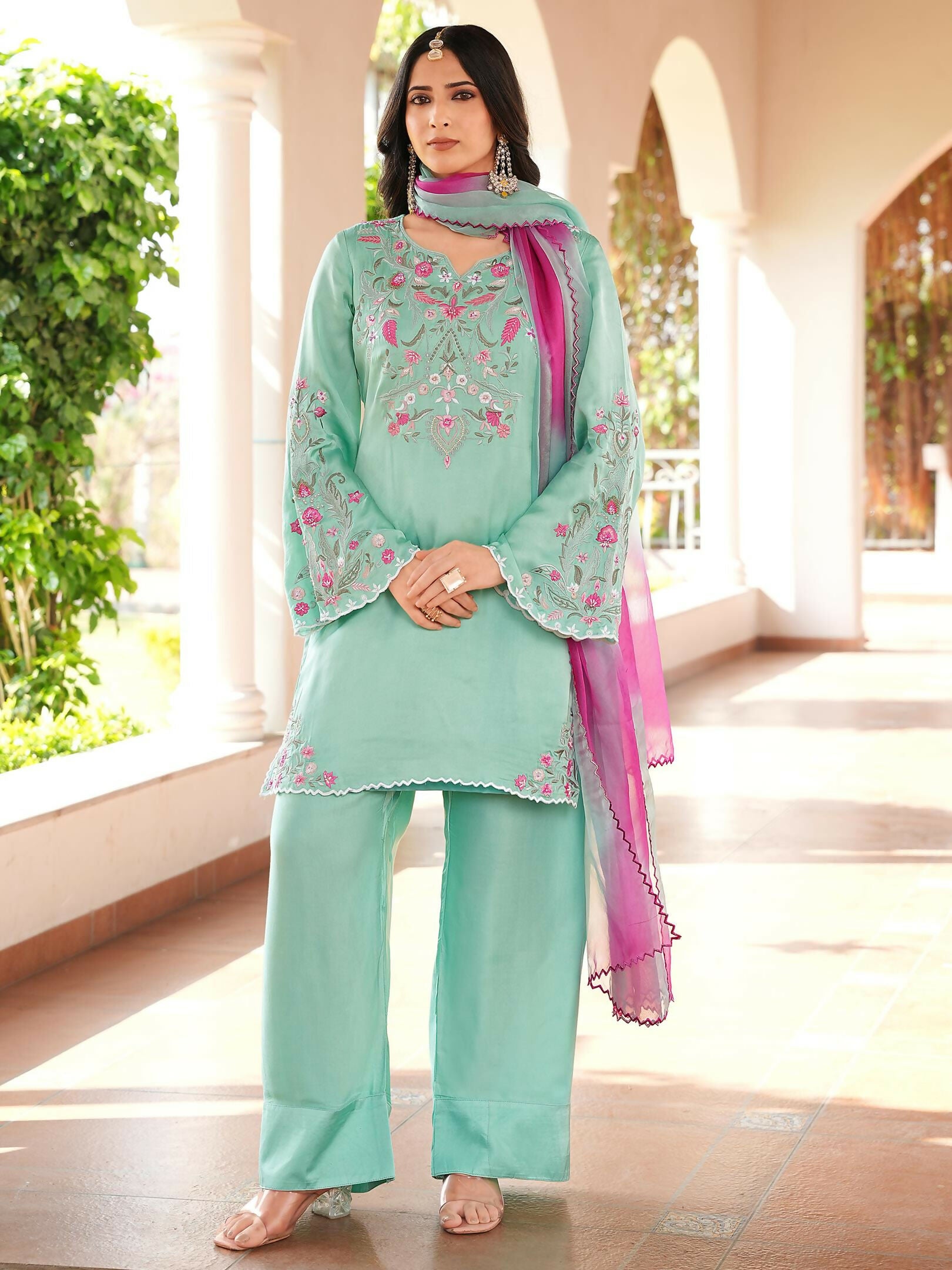 Nikhaar Light Green Embroidered Modal Silk Stitched Straight Cut Kurta Farshi Salwar Dupatta Readymade Suit - Dista