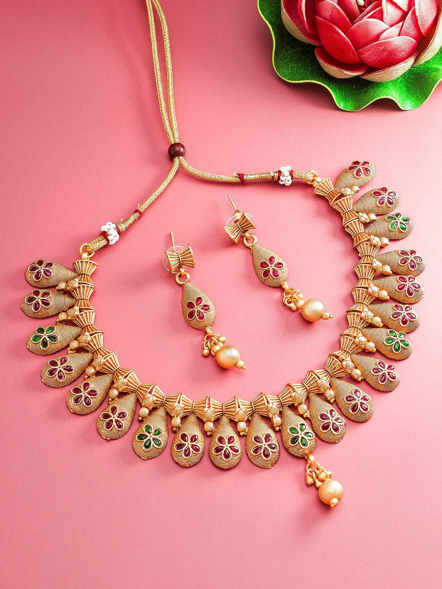 Aadita Gold Plated Temple Choker Ruby Jewellery Set - Distacart