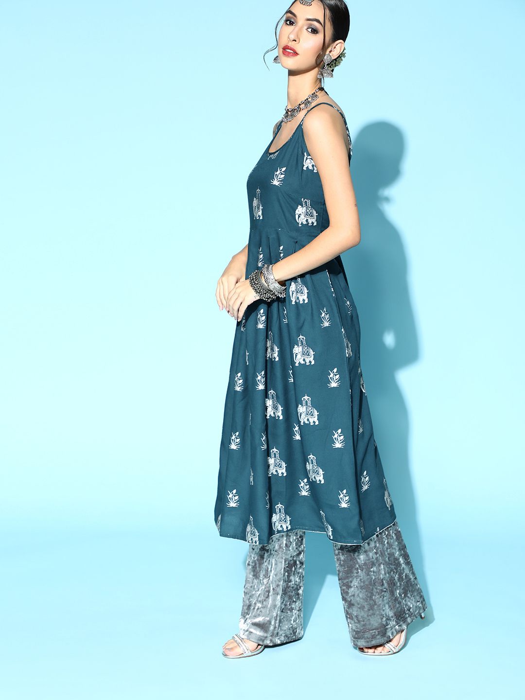 Ode by House of Pataudi Tranquil Teal Fit & Flare Kurta - Distacart