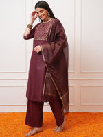 Thumbnail for Vishudh Burgundy Ethnic Motifs Yoke Design Thread Work Kurta with Palazzo & Dupatta
