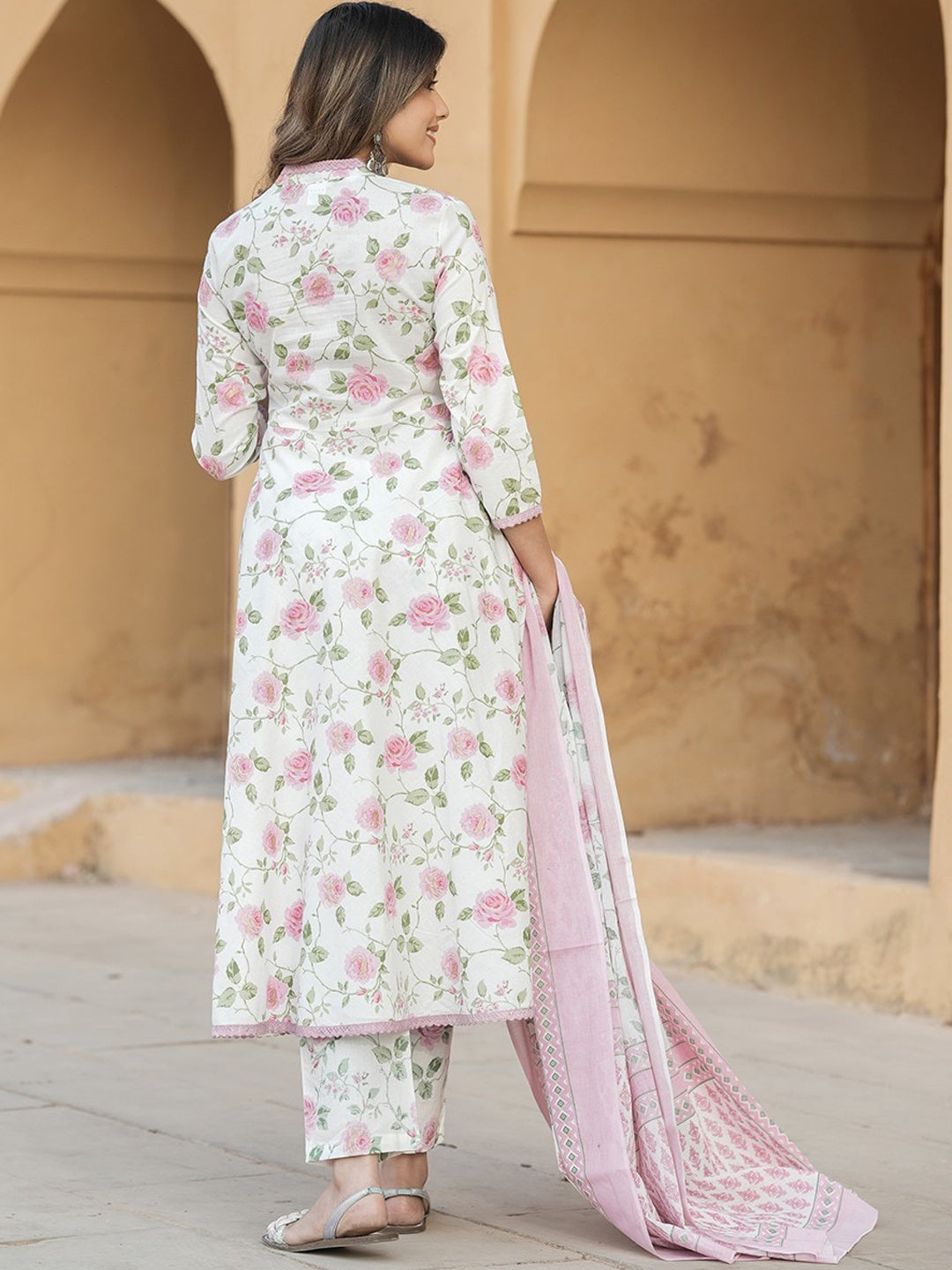 Kalini V Neck Floral Printed Cotton Anarkali Kurta with Trouser & Dupatta - Distacart