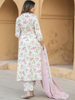 Thumbnail for Kalini V Neck Floral Printed Cotton Anarkali Kurta with Trouser & Dupatta - Distacart