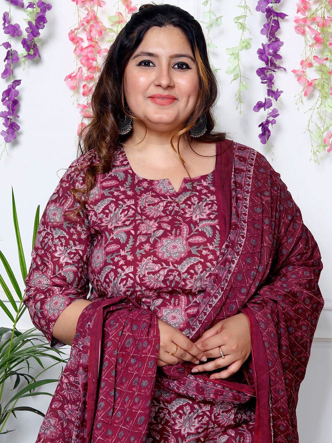 Swasti Plus Size Floral Printed Sequinned Pure Cotton Kurta With Trouser & Dupatta - Distacart