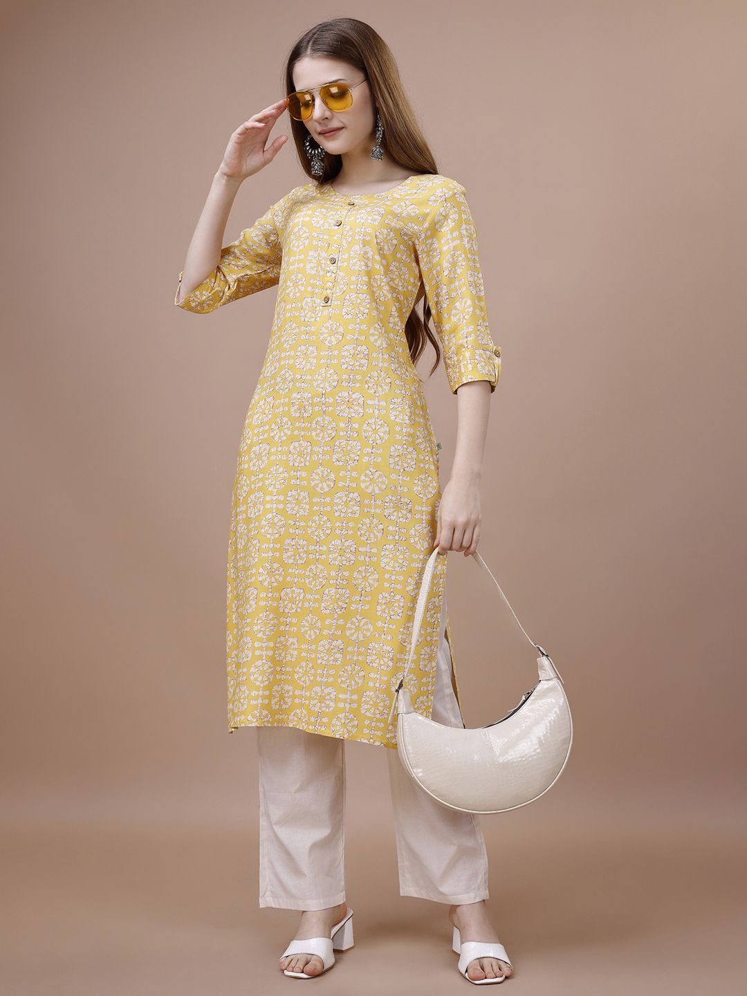 Ode by House of Pataudi Yellow Floral Printed Round Neck Straight Kurta - Distacart